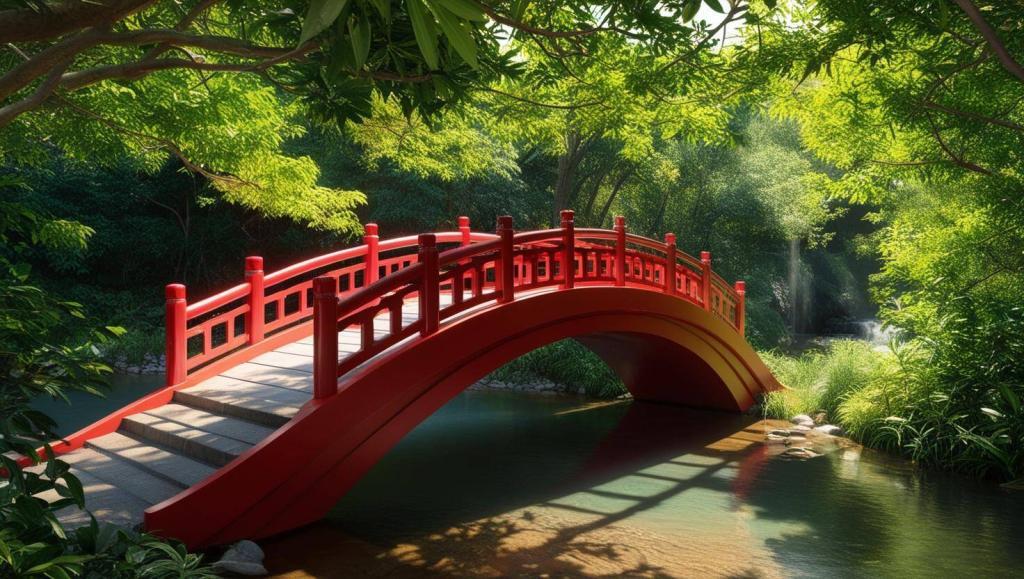 Photo d'un pont asiatique rouge avec beaucoup de verdure autour et de nature