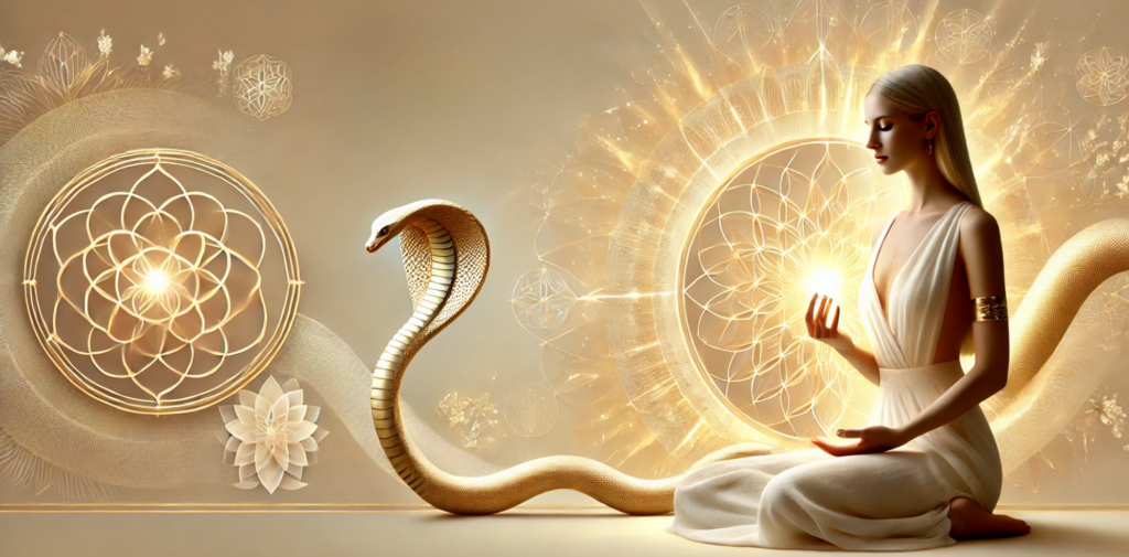 Femme à genous avec une lumière dans la main et un serpent de kundalini activation